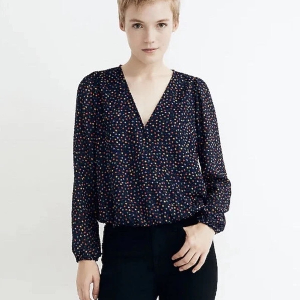 Madewell Women’s Lyric Wrap Top In Sugar Dot Blue Long Sheer Blouse Size Small